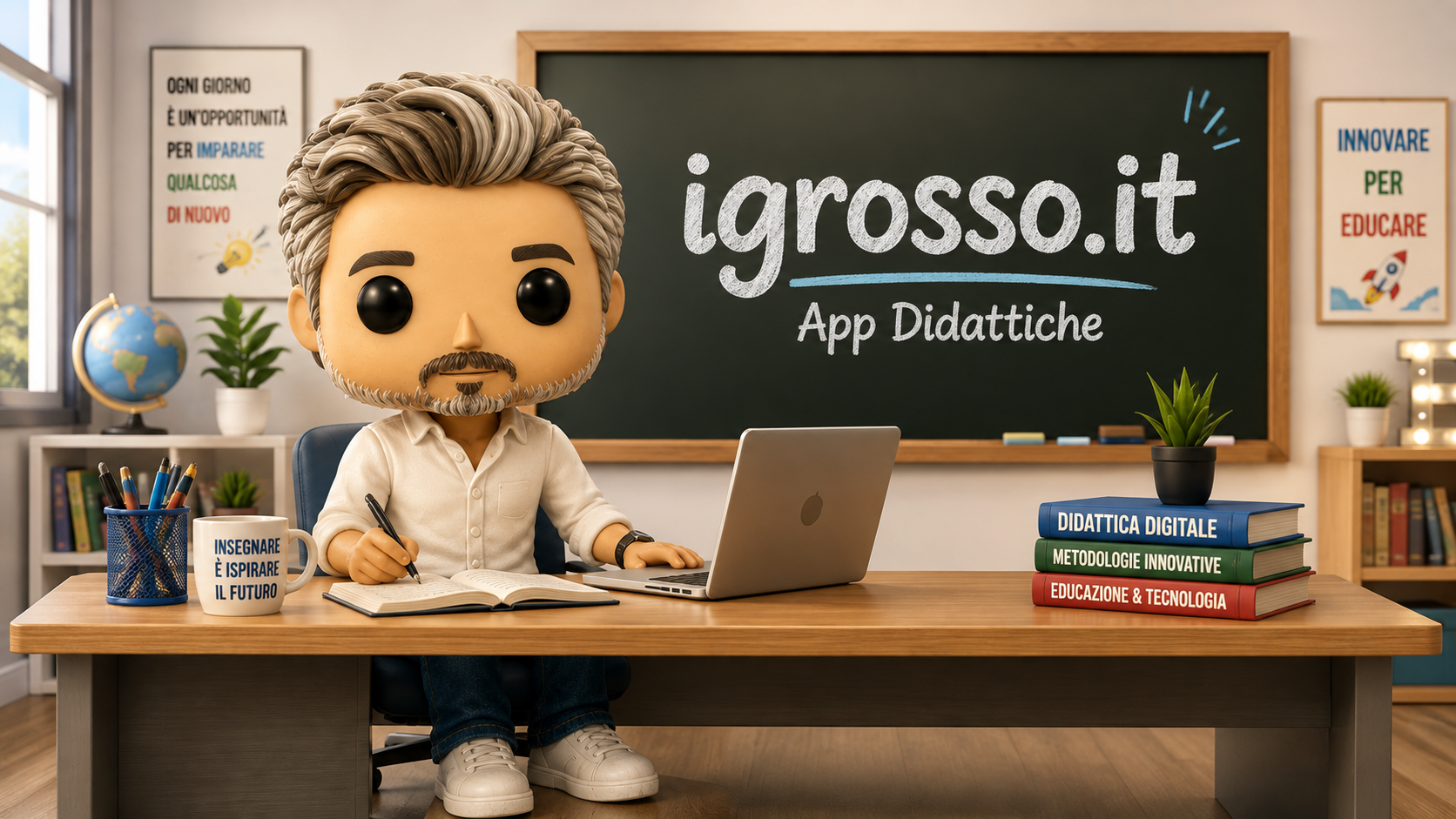 Mascotte in stile Funko Pop alla scrivania con lavagna igrosso.it App Didattiche